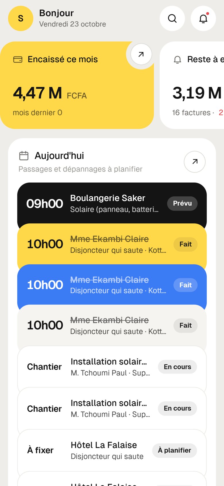 Écran d'accueil de l'application